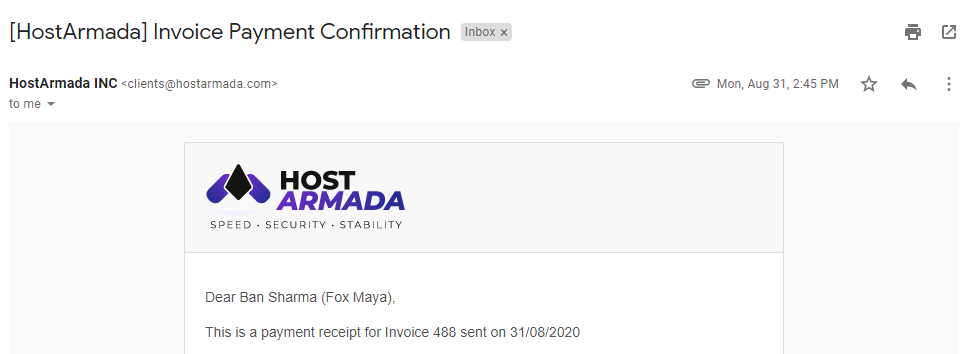 Hostarmada payment invoice details proof